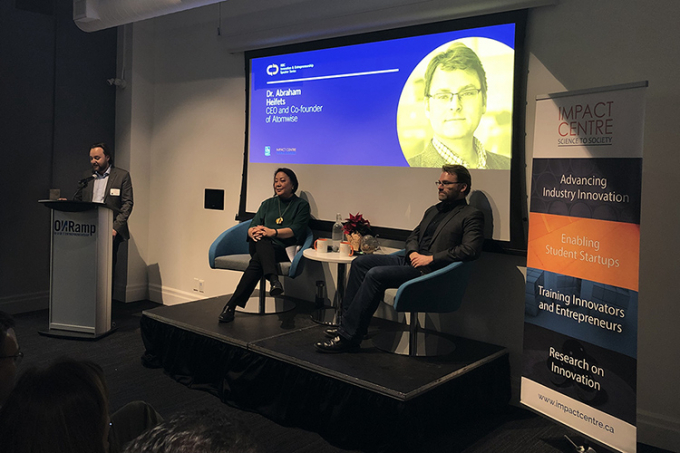 Prof. Cynthia Goh (left) and Abraham Heifets (right) on the stage on Wednesday night at ONRamp