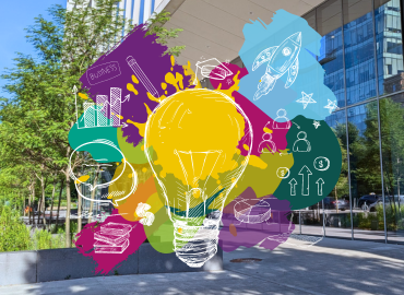 Schwartz Reisman Innovation Campus exterior with CfE Newsletter Icon