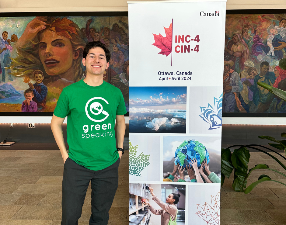 Diego Arreola Fernandez, Founder of Green Speaking, at INC-4 in Ottawa, advocating with global representatives to address the plastics crisis (April 2024). 