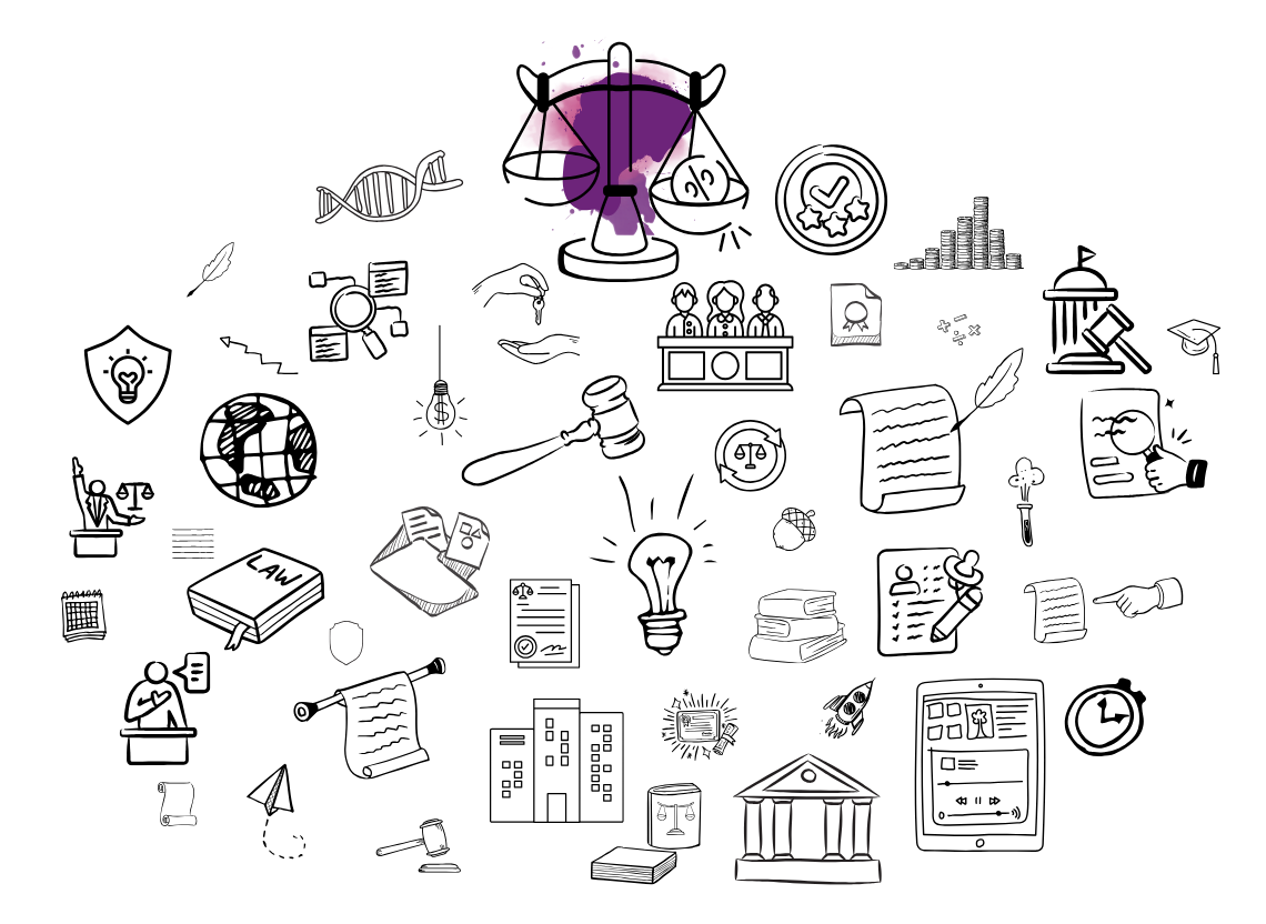 a legal gavel surrounded by law icons