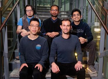 Assistant Professor Joseph Jay Williams (front right) with graduate students on the Adaptive Experimentation Accelerator team, including (from left to right) Ilya Musabirov, Pan Chen, Harsh Kumar and Mohi Reza.