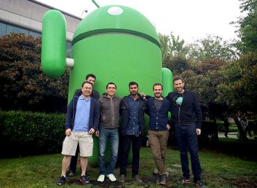 Adam Lesinski, Justin Ho, Winson Chung, Agarawala, Patrick Dubroy and Adam Cohen pose in front of the Android mascot outside Google HQ in Mountain View,California, 2014.