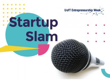 Startup Slam writing beside the microphone on a white background