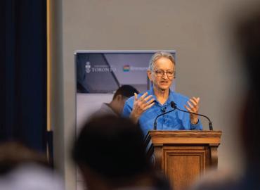 University Professor Emeritus Geoffrey Hinton, recipient of the 2024 Nobel Prize in Physics for his foundational work on AI, delivers a lecture hosted by U of T and presented by Desjardins during Toronto Tech Week.
